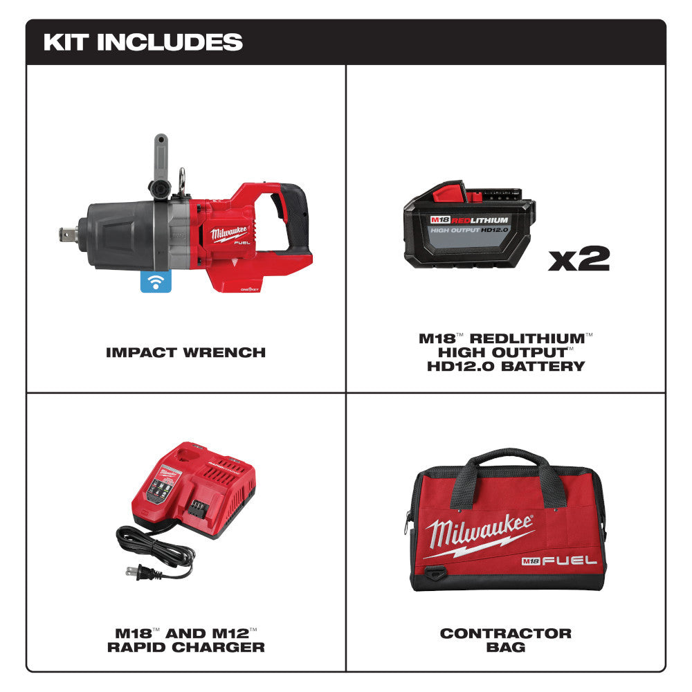 Milwaukee 2868-22HD M18 FUEL Cordless Brushless D-Handle High Torque 1 inch Impact Wrench Kit showing inclusions of the kit