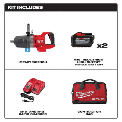 Milwaukee 2868-22HD M18 FUEL Cordless Brushless D-Handle High Torque 1 inch Impact Wrench Kit showing inclusions of the kit