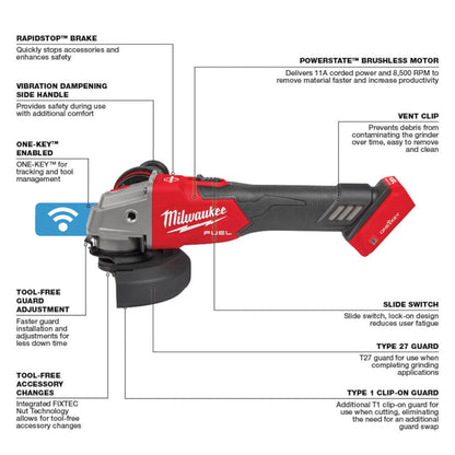 Milwaukee 2883-20 M18 FUEL 4-1/2 inch / 5 inch Braking Angle Grinder with Slide Switch (Tool Only)