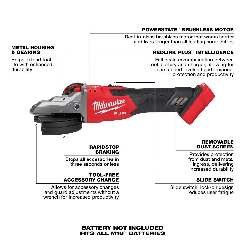 Milwaukee 2887-20 M18 FUEL Cordless Brushless 5 inch Flathead Braking Grinder with Slide Switch No-Lock (Tool Only) showing features of the grinder