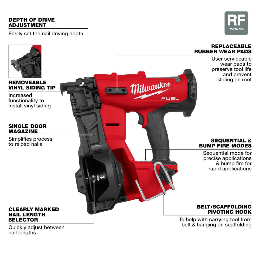 Milwaukee 2909-20 M18 FUEL Cordless Brushless Coil Roofing Nailer (Tool Only)