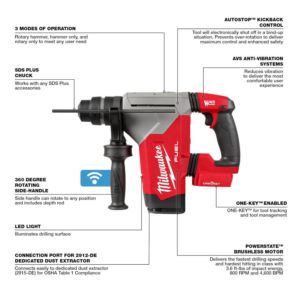 Milwaukee 2915-20 18V FUEL 1-1/8 Inch SDS Plus Rotary Hammer with ONE-KEY (Tool Only)