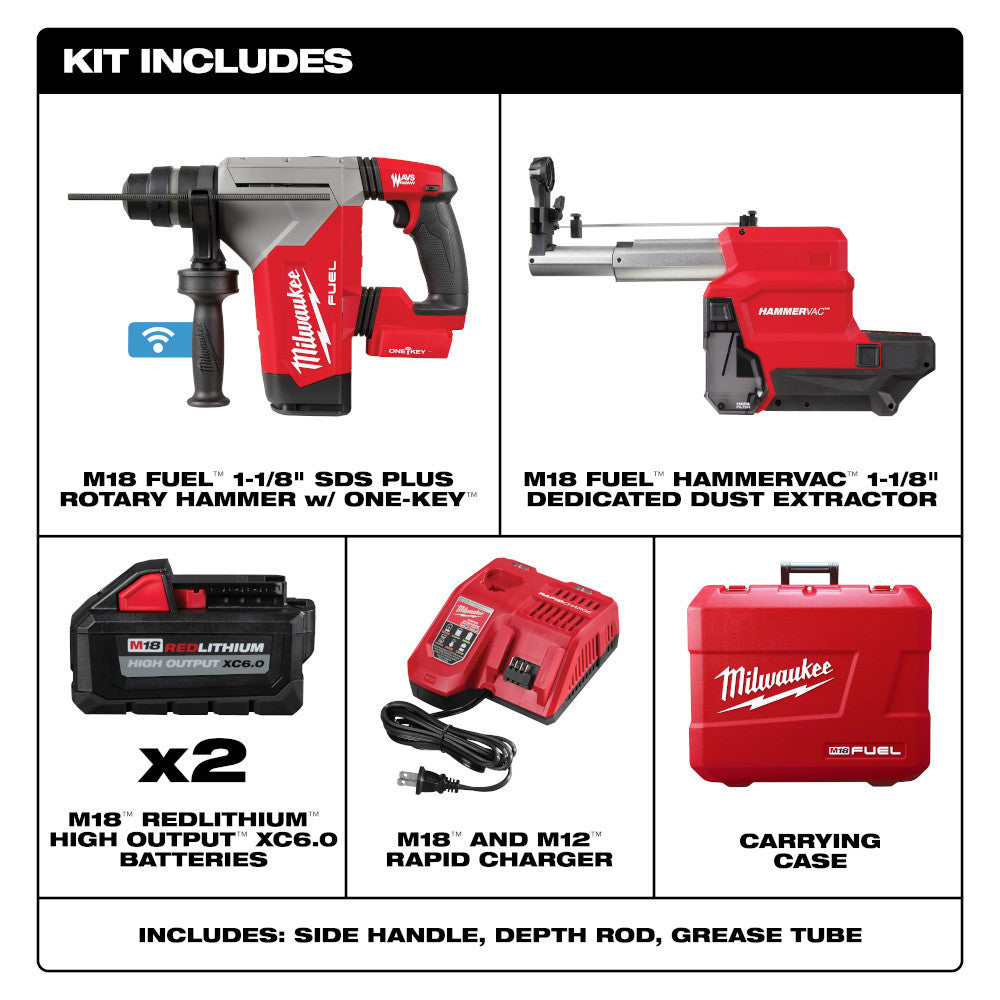 Milwaukee 2915-22DE M18 FUEL Cordless 1-1/8 inch SDS Plus Rotary Hammer with HAMMERVAC Dedicated Dust Extractor Kit showing inclusions of the kit