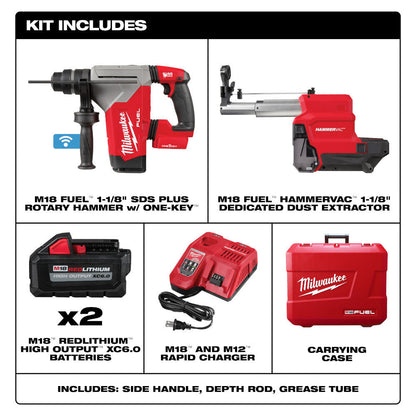 Milwaukee 2915-22DE M18 FUEL Cordless 1-1/8 inch SDS Plus Rotary Hammer with HAMMERVAC Dedicated Dust Extractor Kit showing inclusions of the kit