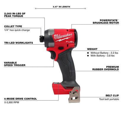 Milwaukee 3697-22 M18 FUEL 2-Tool 1/2 inch Hammer Drill / 1/4 inch Hex Impact Driver Combo Kit