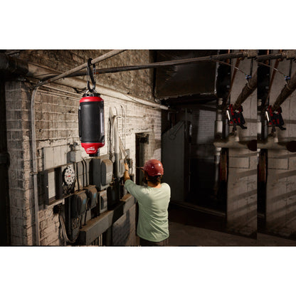Milwaukee 2955-20 12V Bluetooth Jobsite Speaker with PACKOUT Compatibility (Tool Only) showing in use mounted with D-hook