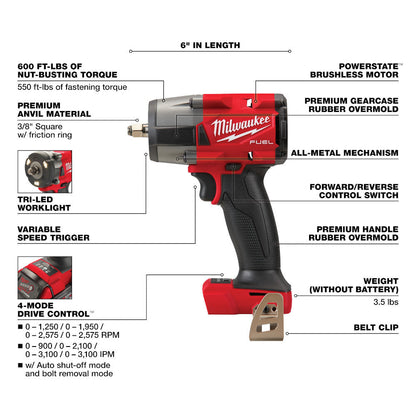 Milwaukee 2960-20 M18 FUEL 3/8 inch Mid-Torque Impact Wrench with Friction Ring (Tool Only)