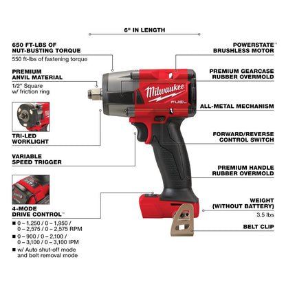 Milwaukee 2962-20 M18 FUEL 12 Mid-Torque Impact Wrench with Friction Ring (Tool Only)