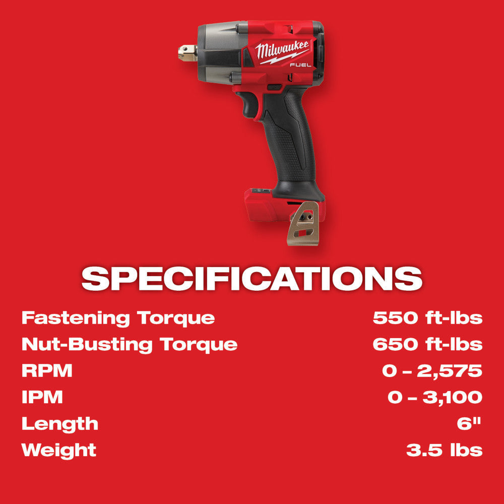 Milwaukee 2962P-20 M18 FUEL Cordless 1/2 Inch Mid-Torque Impact Wrench with Pin Detent (Tool Only)