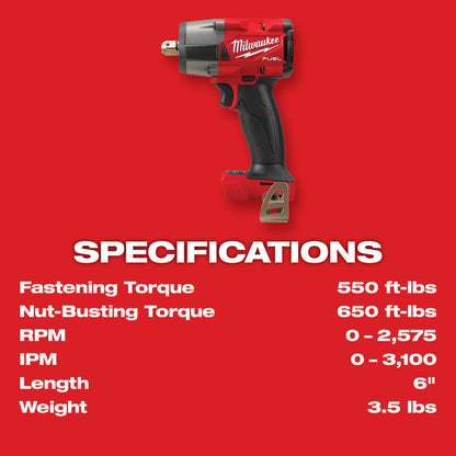 Milwaukee 2962P-20 M18 FUEL Cordless 1/2 Inch Mid-Torque Impact Wrench with Pin Detent (Tool Only)