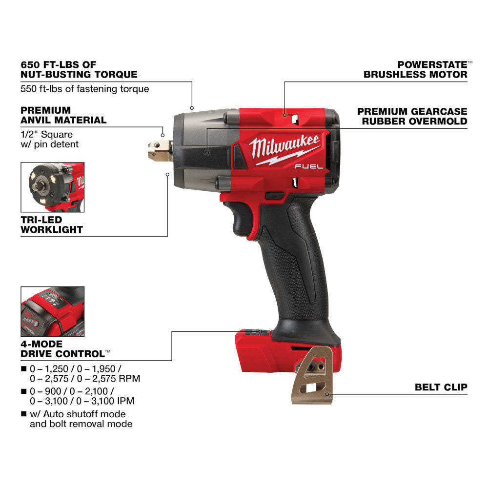 Milwaukee 2962P-20 M18 FUEL Cordless 1/2 Inch Mid-Torque Impact Wrench with Pin Detent (Tool Only)
