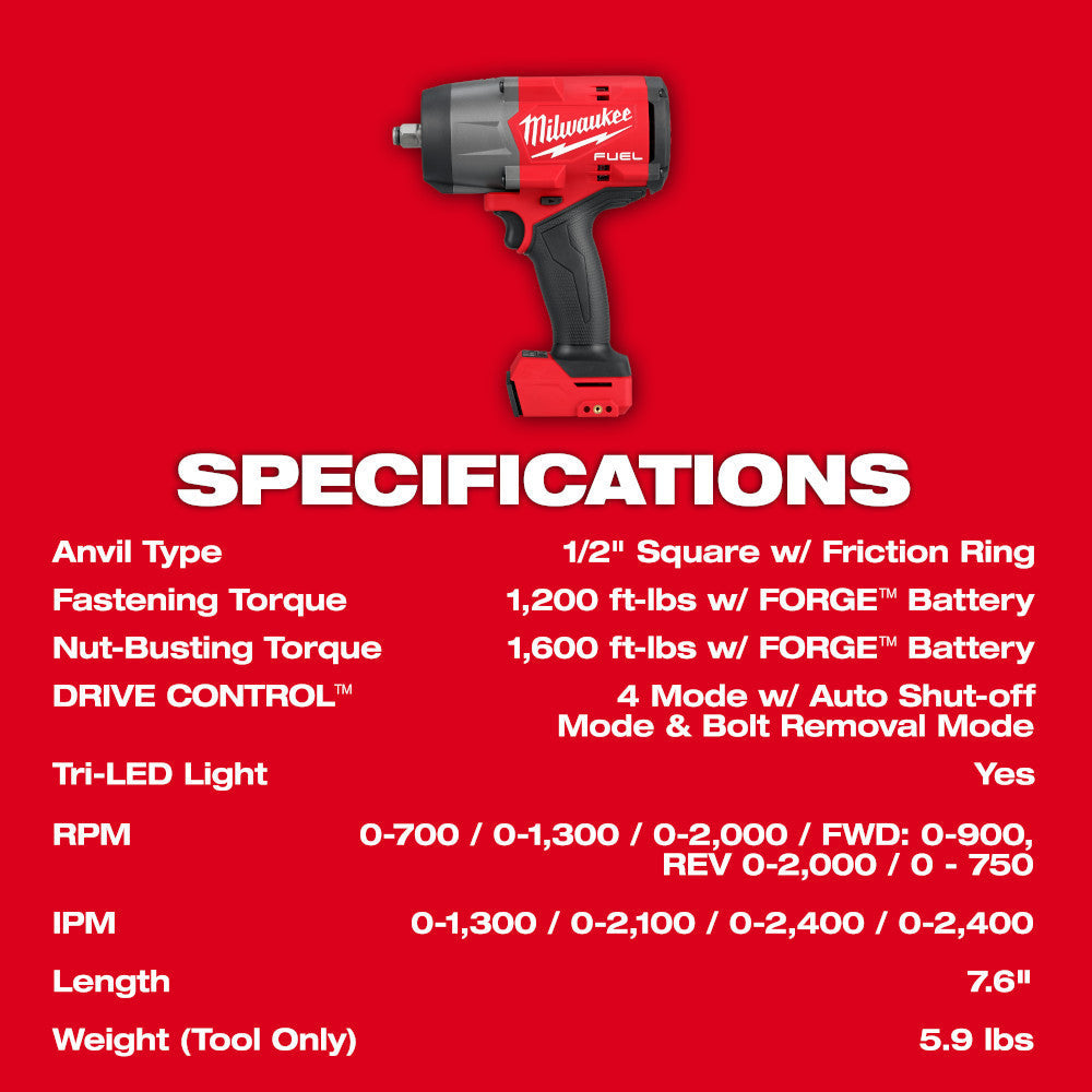 Milwaukee 2967-20 M18 FUEL Cordless 1/2 Inch High-Torque Impact Wrench with Friction Ring (Tool Only)