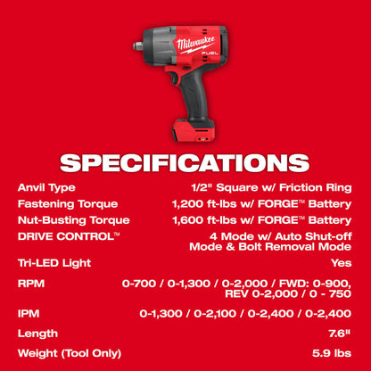 Milwaukee 2967-20 M18 FUEL Cordless 1/2 Inch High-Torque Impact Wrench with Friction Ring (Tool Only)