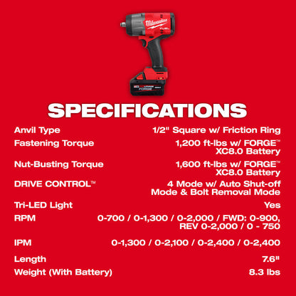 Milwaukee 2967-21F M18 FUEL Cordless Brushless 1/2 Inch High-Torque Impact Wrench with Friction Ring Kit