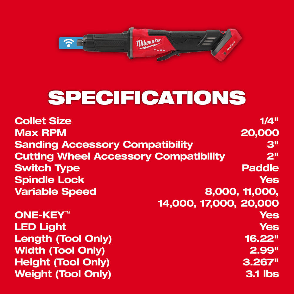 Milwaukee 2984-20 M18 FUEL Cordless Brushless Variable Speed Braking Die Grinder with Paddle Switch (Tool Only)