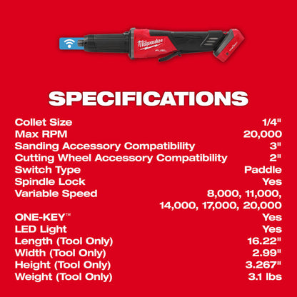 Milwaukee 2984-20 M18 FUEL Cordless Brushless Variable Speed Braking Die Grinder with Paddle Switch (Tool Only)