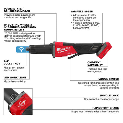 Milwaukee 2984-20 M18 FUEL Cordless Brushless Variable Speed Braking Die Grinder with Paddle Switch (Tool Only)