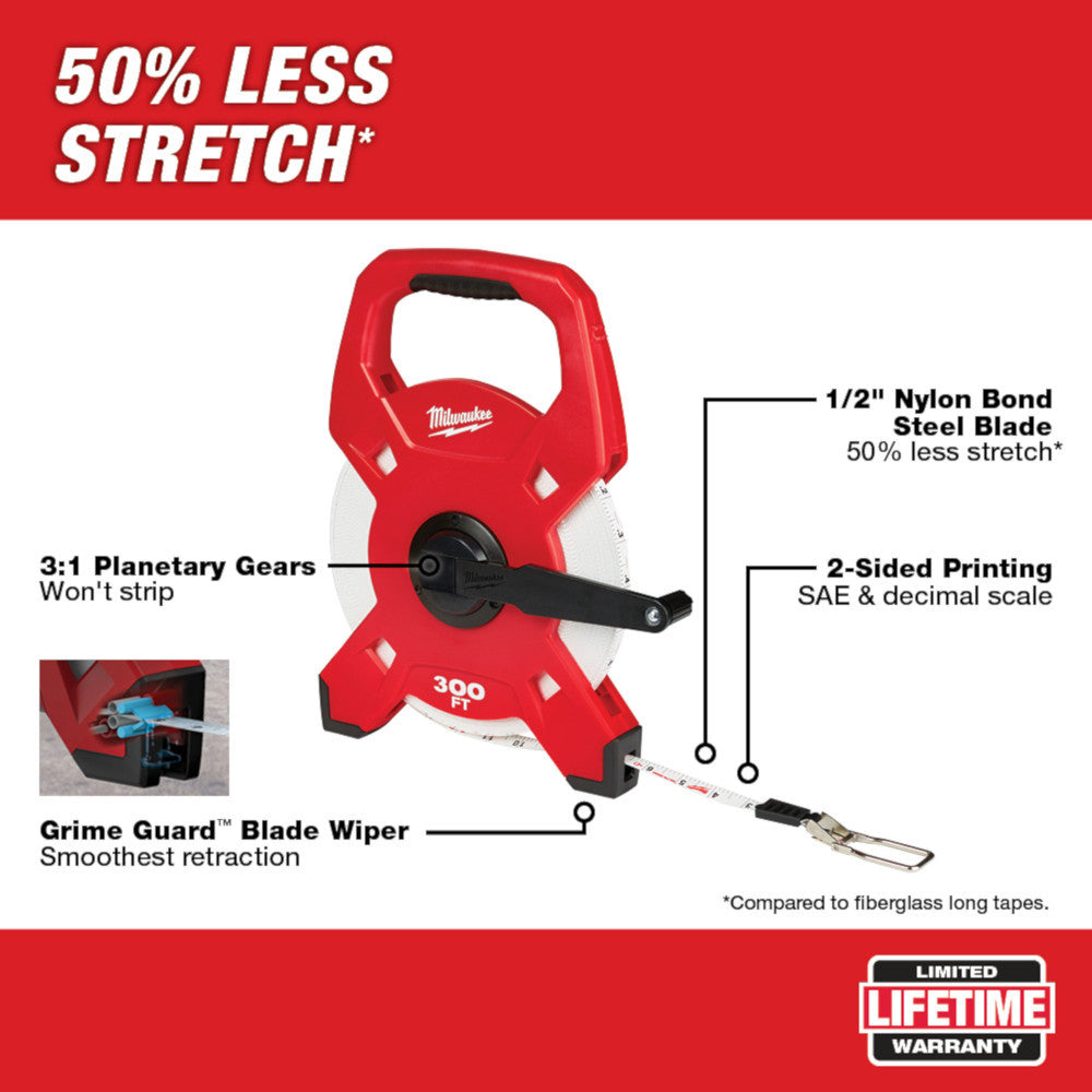 Milwaukee 48-22-5230 300 feet Open Reel Long Tape Measure showing features of the long tape measure