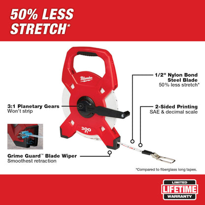 Milwaukee 48-22-5230 300 feet Open Reel Long Tape Measure showing features of the long tape measure