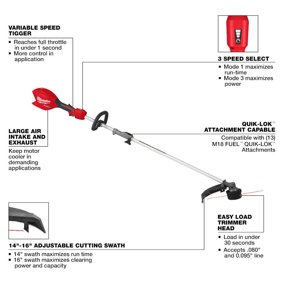 Milwaukee 3016-21ST M18 FUEL Gen II Cordless Brushless String Trimmer with QUIK-LOK Attachment Capability Kit