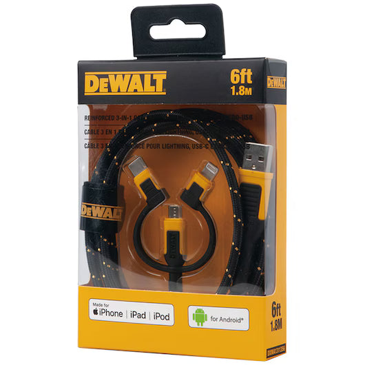 DeWalt 6' Reinforced 3-in-1 Cable for Lightning, USB-C and Micro-USB