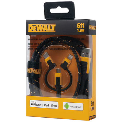 DeWalt 6' Reinforced 3-in-1 Cable for Lightning, USB-C and Micro-USB