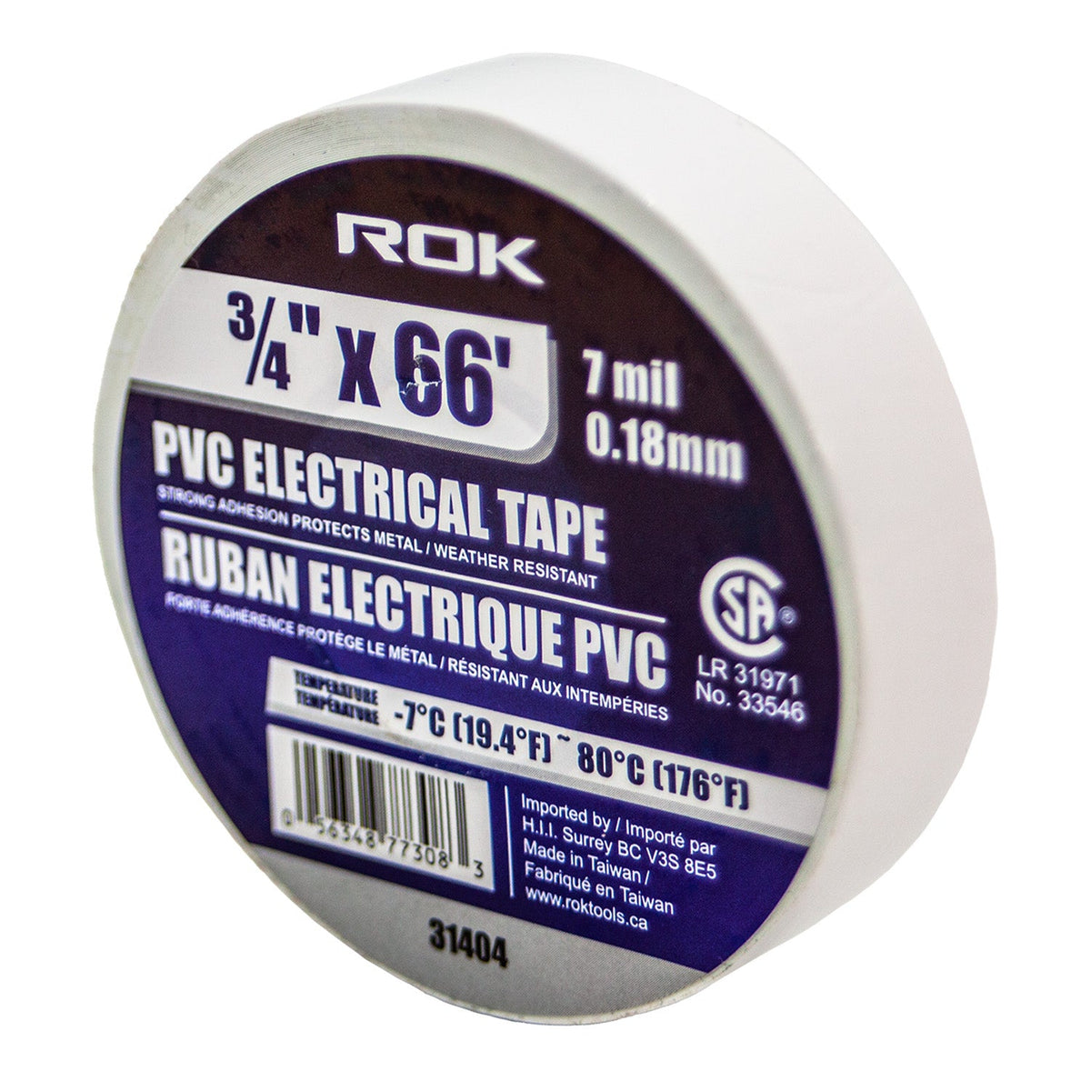 ROK 3/4in x 66' 7 Mil PVC White Electrical Tape