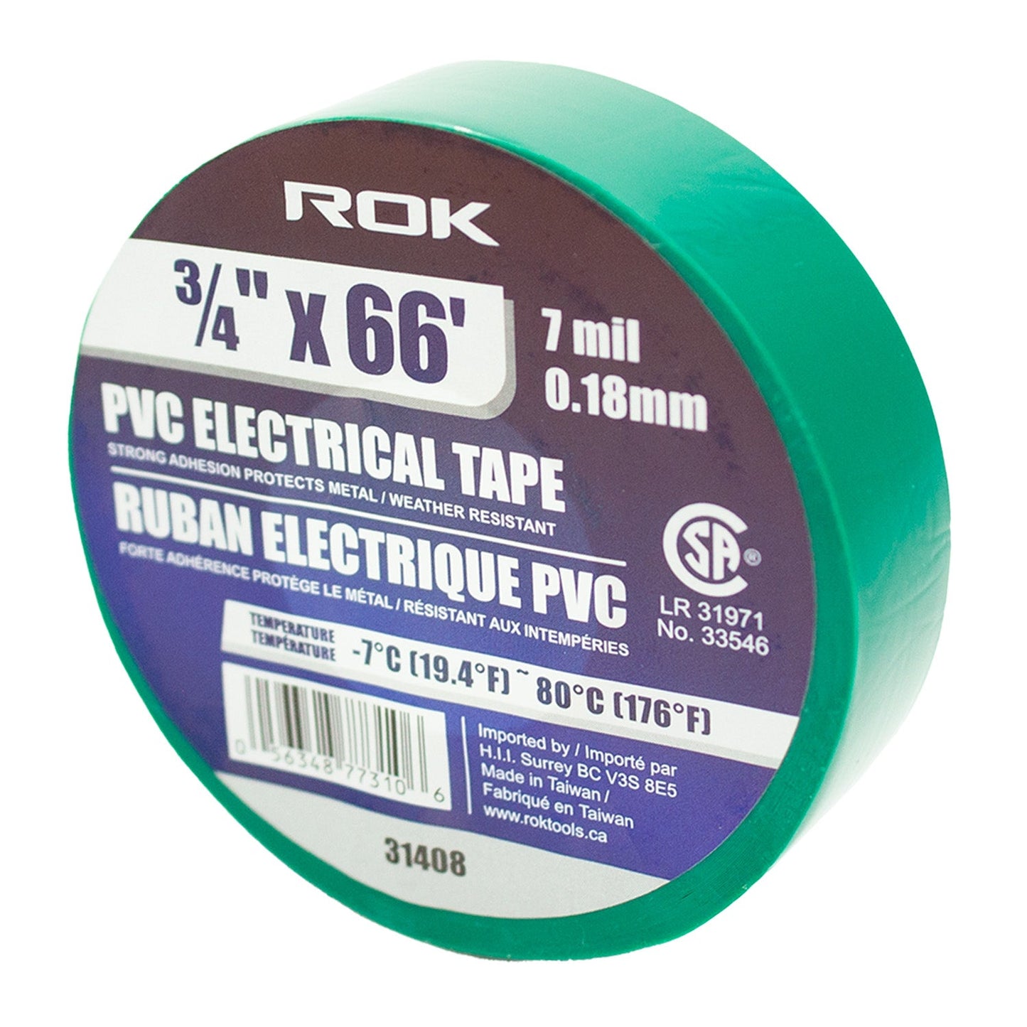 ROK 3/4in x 66' 7 Mil PVC Green Electrical Tape
