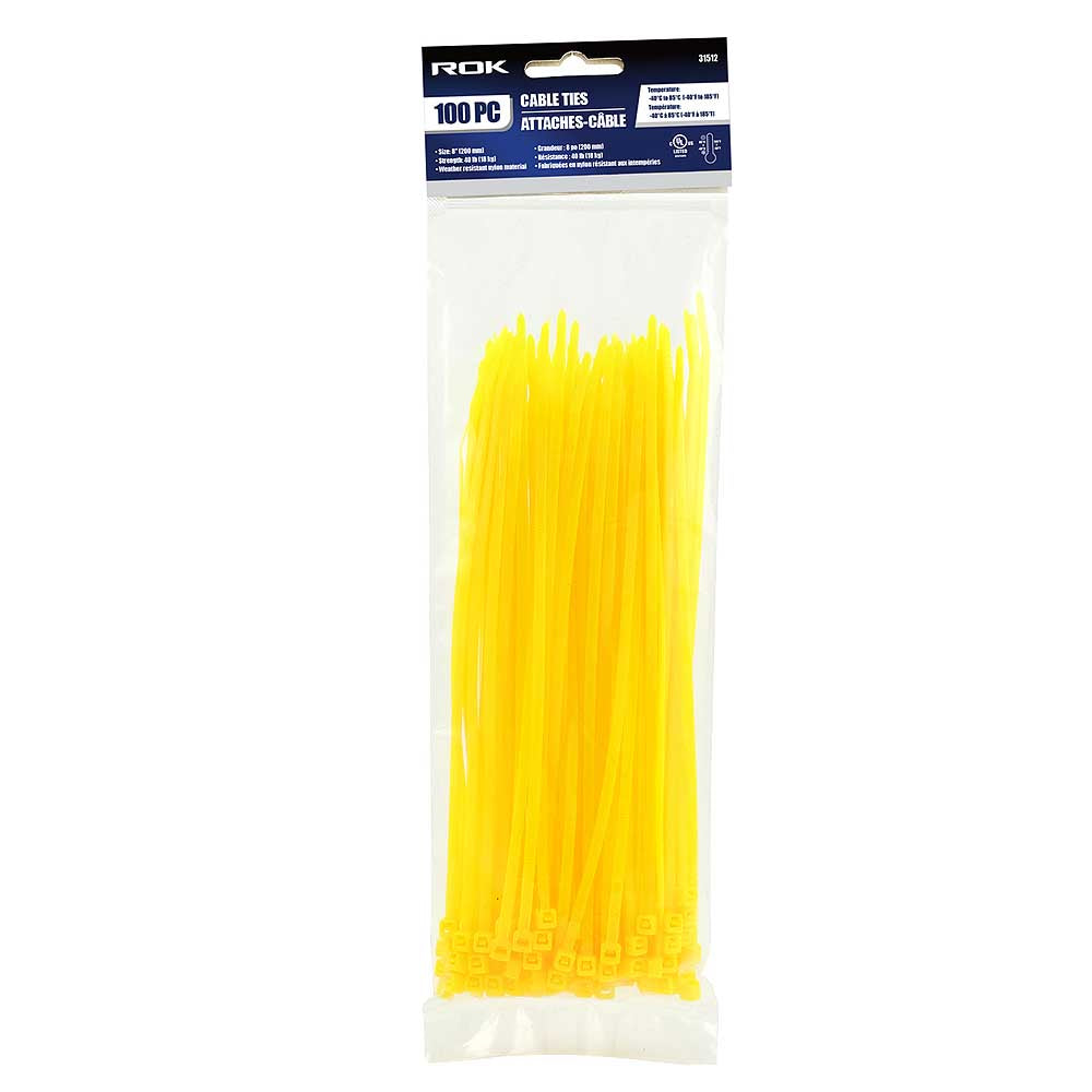 ROK 8in Yellow Cable Ties - 100pk