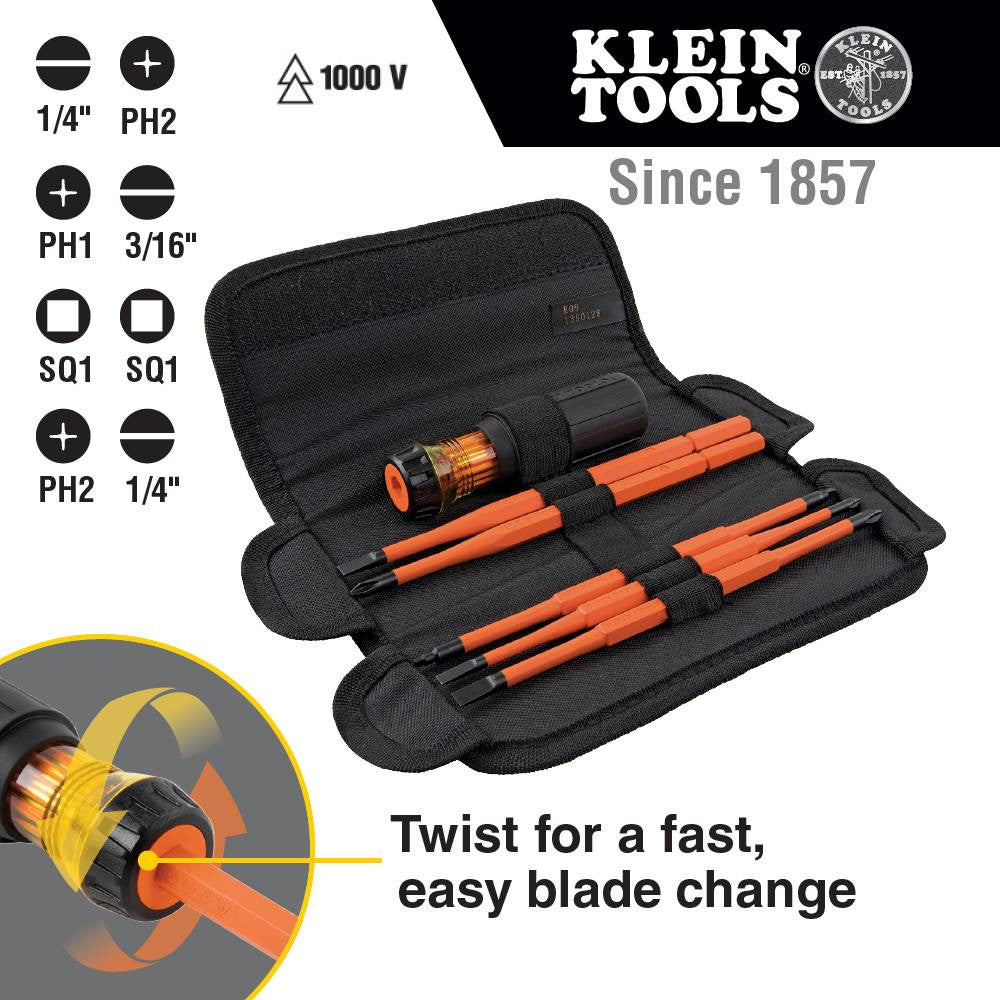 Klein Tools 32288 8-In-1 Insulated Interchangeable Screwdriver Set showing inclusions of the set