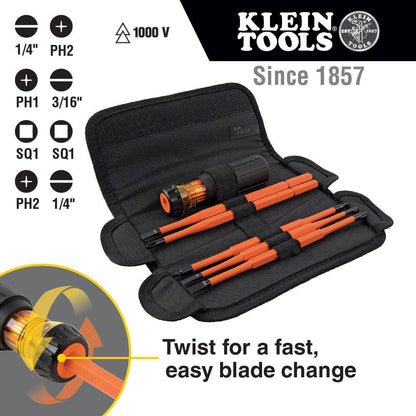 Klein Tools 32288 8-In-1 Insulated Interchangeable Screwdriver Set showing inclusions of the set