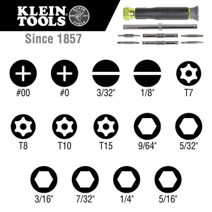 Klein Tools 32314 14-In-1 Multi-Bit Precision screwdriver / Nut Driver showing inclusions of the set