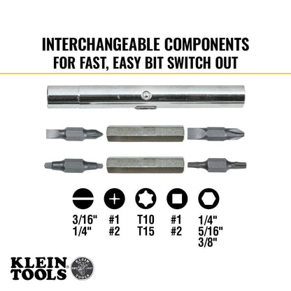Klein Tools 32500 11-in-1 Multi-Bit Magnetic Screwdriver / Nut Driver showing inclusions of the set