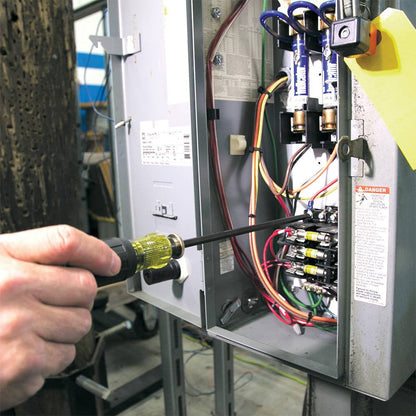 Klein Tools 32708 Adjustable Screwdriver, #1 and #2 Square showing in use fastening screws into electrical box