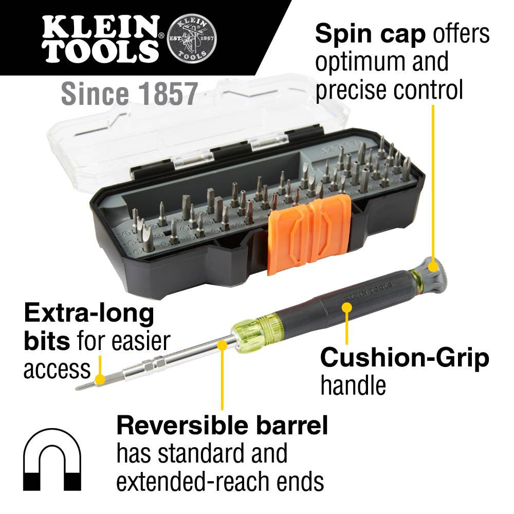 Klein Tools 32717 All-in-1 Precision Screwdriver Set with Case showing features of the screwdriver