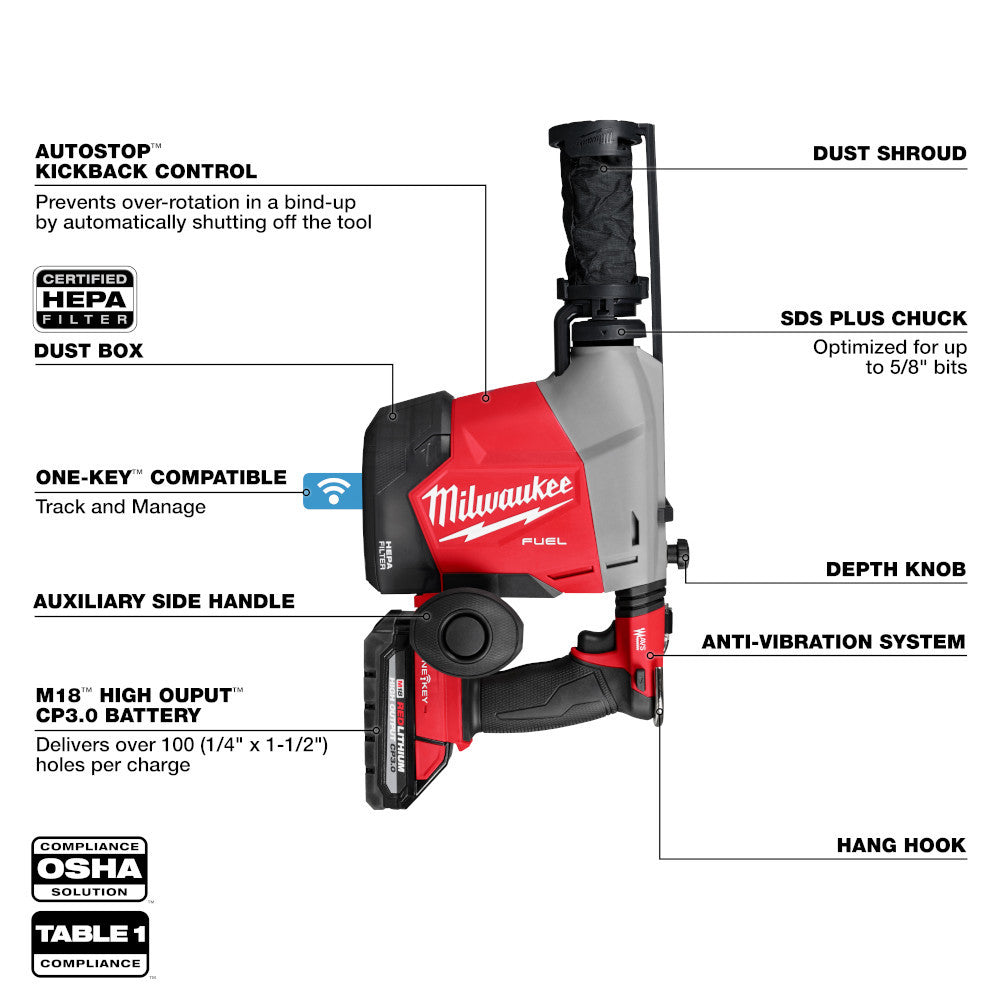 Milwaukee 3311-22 M18 FUEL Cordless Brushless Overhead 5/8 Inch SDS Plus Rotary Hammer with Integrated Dust Extraction Kit