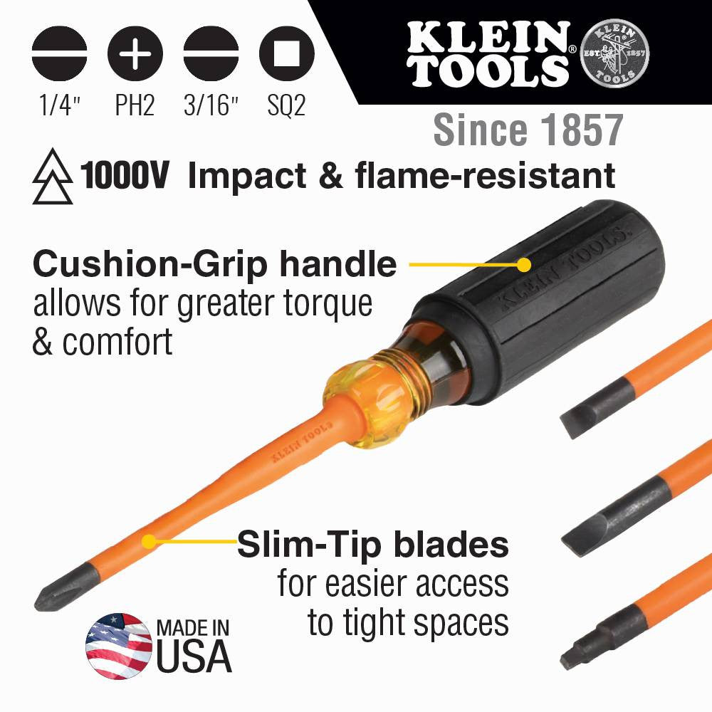 Klein Tools 33734INS 4pc Slim-Tip Insulated Screwdriver Set showing features of the screwdrivers