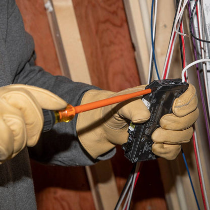 Klein Tools 33734INS 4pc Slim-Tip Insulated Screwdriver Set showing in use fastening wires into breaker