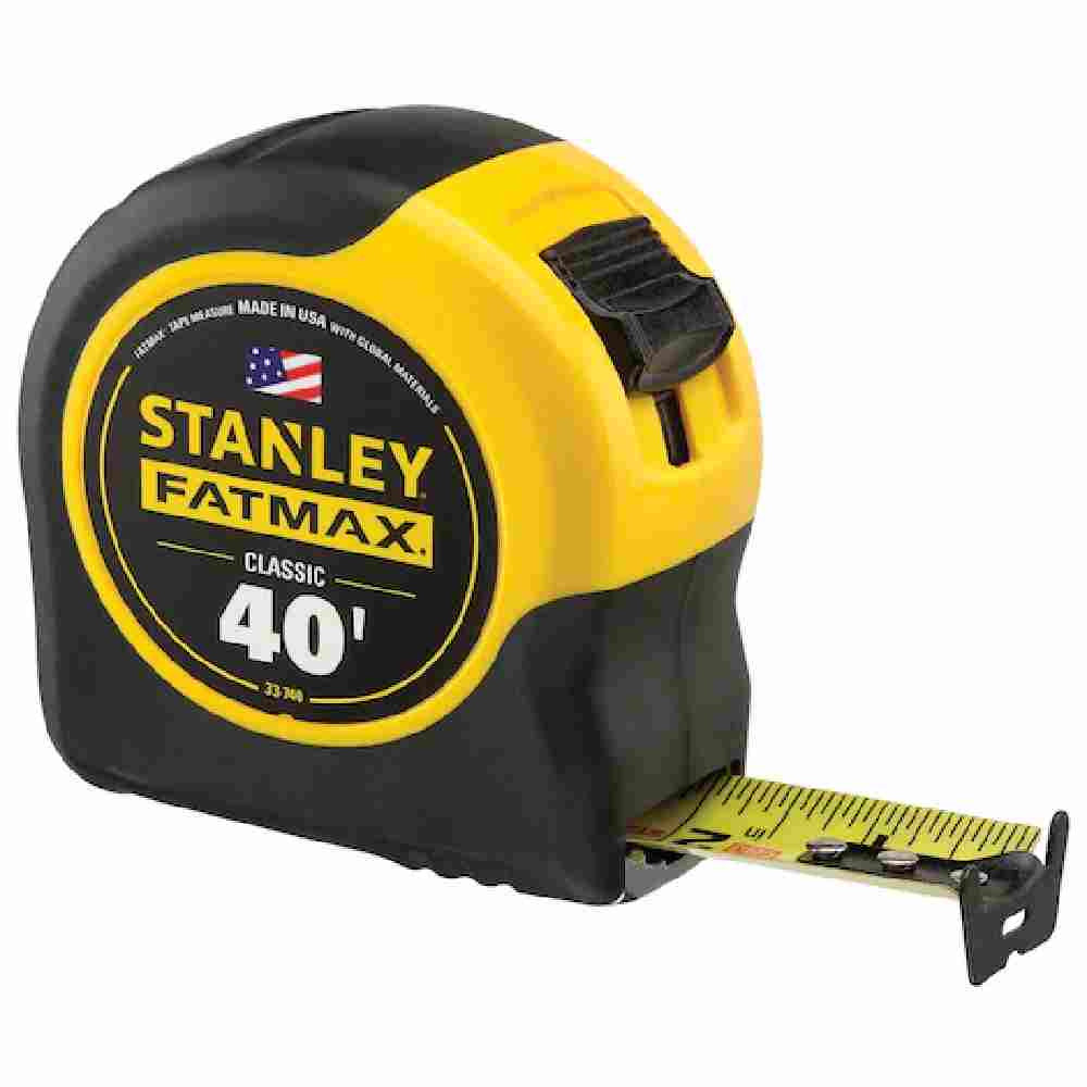 Stanley 33740L 1-1/4 inch x 40 feet FATMAX Classic SAE Tape Measure showing with first few inches pulled out showing the tape measure blade