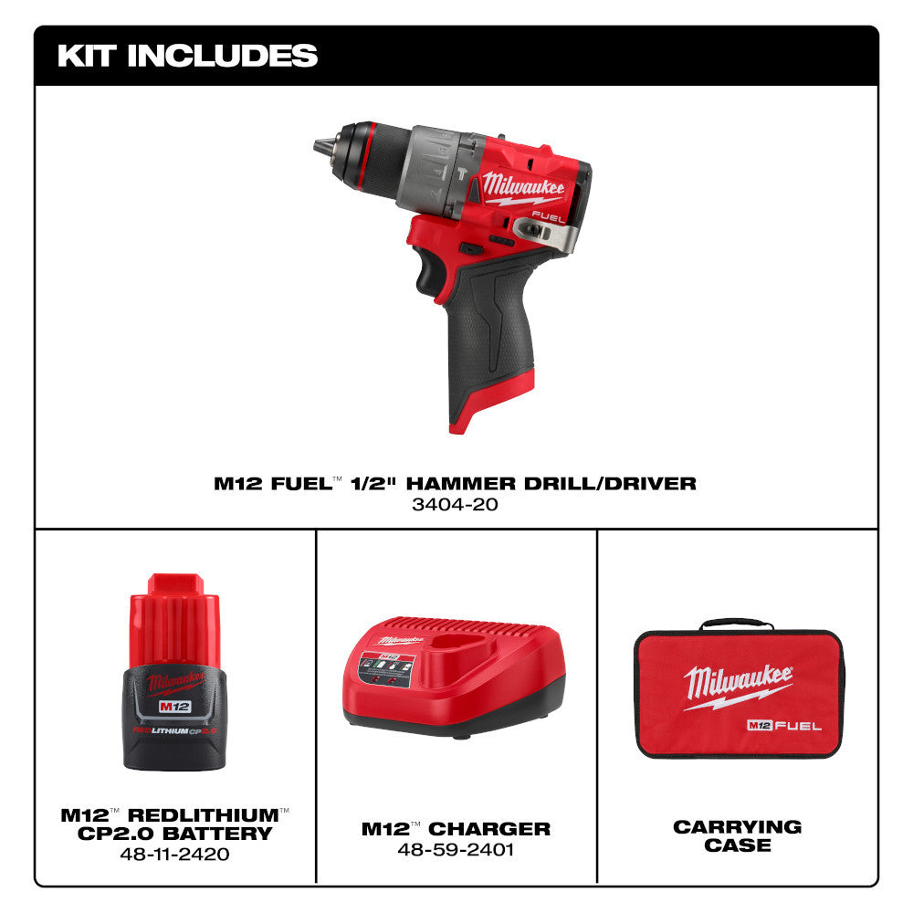 Milwaukee 3404-21 M12 FUEL Cordless Brushless 1/2in Hammer Drill/Driver Kit