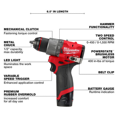 Milwaukee 3404-21 M12 FUEL Cordless Brushless 1/2in Hammer Drill/Driver Kit