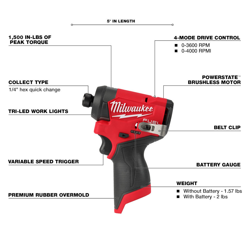Milwaukee 3497-22 M12 FUEL 2-Tool 1/2 inch Hammer Drill / 1/4 inch Hex Impact Driver Combo Kit