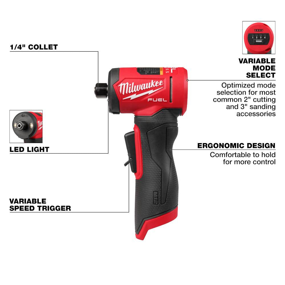 Milwaukee 3485-20 M12 FUEL Cordless 1/4 inch Right Angle Die Grinder (Tool Only) showing showing features of the tool