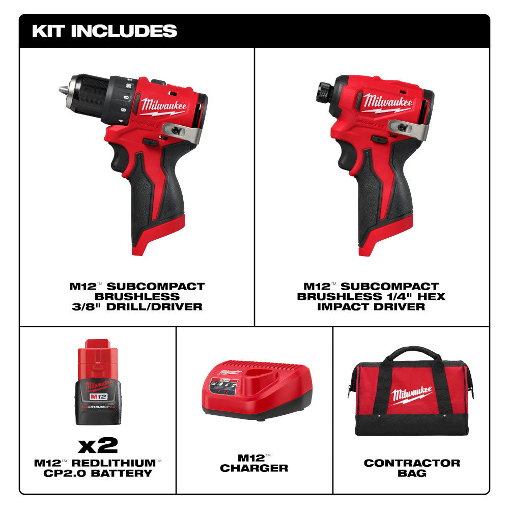 Milwaukee 3494-22 M12 2-Tool Cordless Brushless Subcompact 3/8 inch Drill/Driver & 1/4 inch Hex Impact Driver Combo Kit