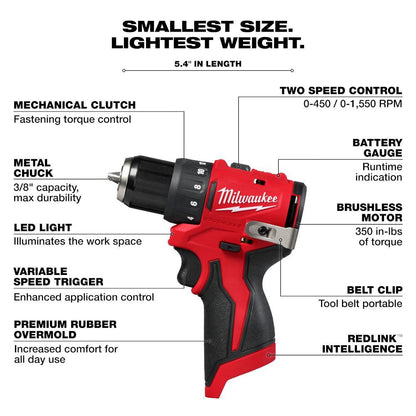Milwaukee 3494-22 M12 2-Tool Cordless Brushless Subcompact 3/8 inch Drill/Driver & 1/4 inch Hex Impact Driver Combo Kit showing features of the drill
