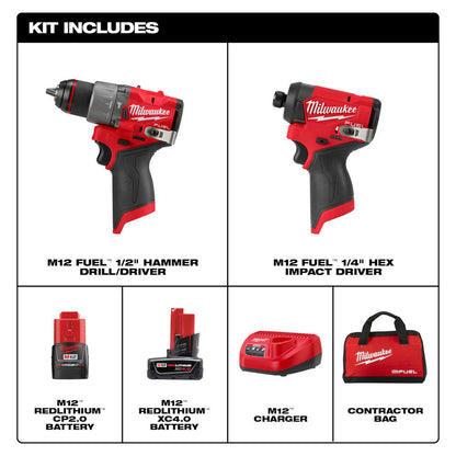 Milwaukee 3497-22 M12 FUEL 2-Tool 1/2 inch Hammer Drill / 1/4 inch Hex Impact Driver Combo Kit