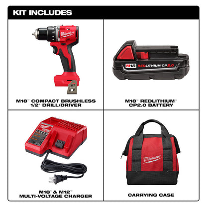 Milwaukee 3601-20 M18 Compact Brushless 1/2in Drill/ Driver Kit showing inclusions of the kit