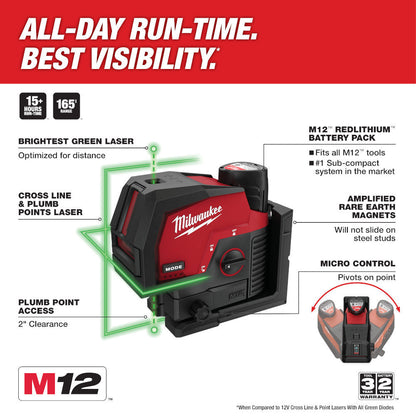 3622-20 M12 Green Cross-Line and Plumb Points Laser Level (Tool Only)