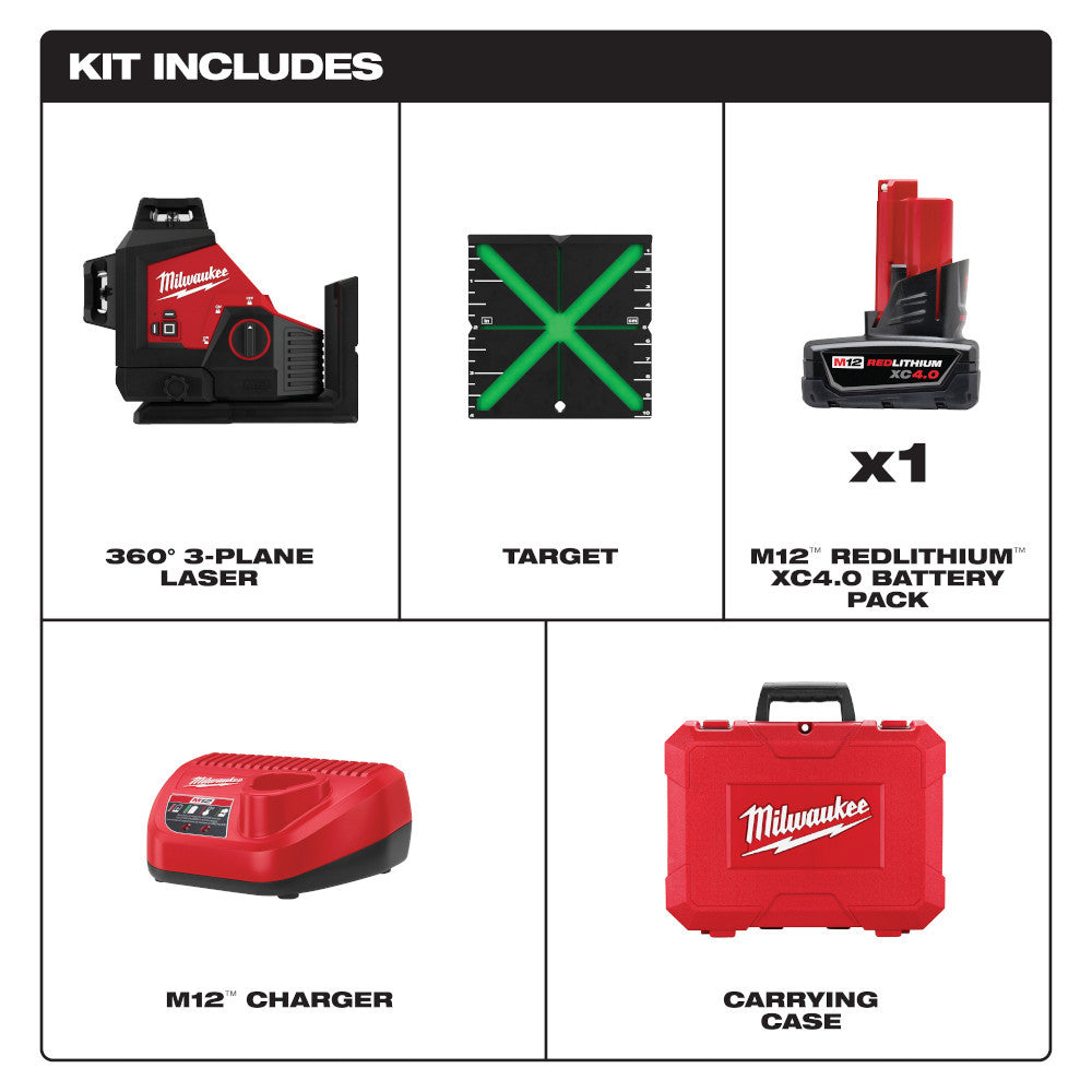 Milwaukee 3632-21 M12 Green 360 Degree  3-Plane Laser Kit