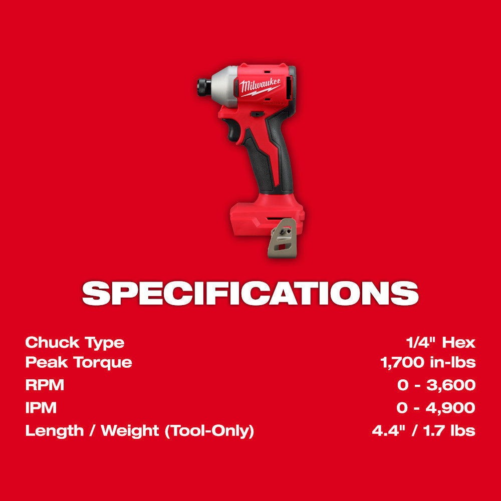 Milwaukee 3650-20 M18 Cordless Brushless Compact 1/4 Inch Hex Impact Driver (Tool Only)